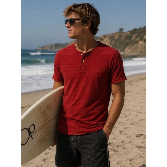 OP Other - OP Ocean Pacific Mens Red Striped Henley Shirt Short Sleeve Cotton OP Size M
